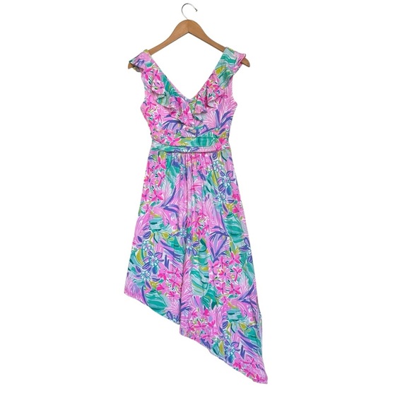 Lilly Pulitzer Womens Asymmetrical Dress Xs Pink Ruffles Casual Resort Vacation - Picture 2 of 11
